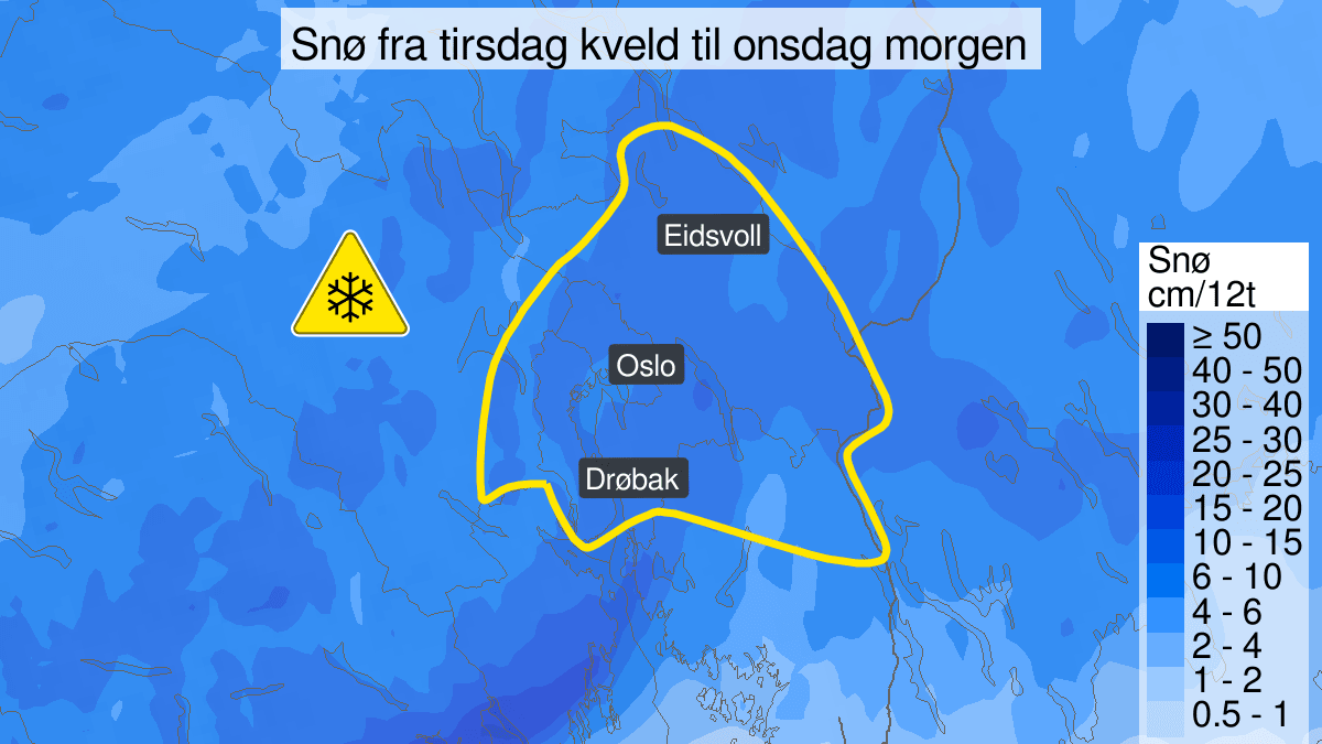 Gult farevarsel for snø tirsdag kveld og onsdag morgen