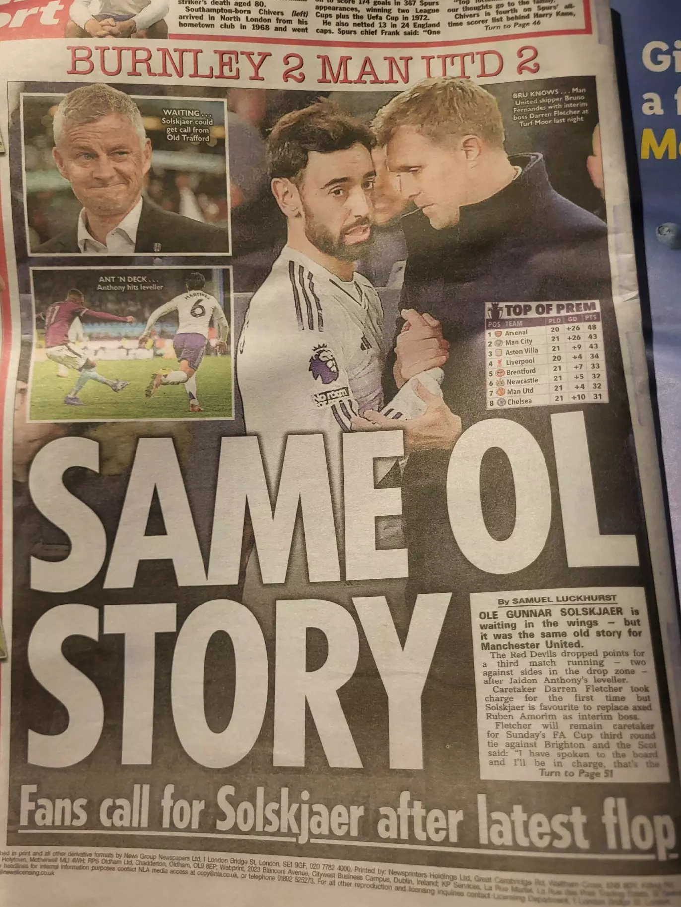 SAMME GAMLE: The Sun rapporterer også at fans ønser Ole Gunnar Solskjær tilbake som manager. Faksimile