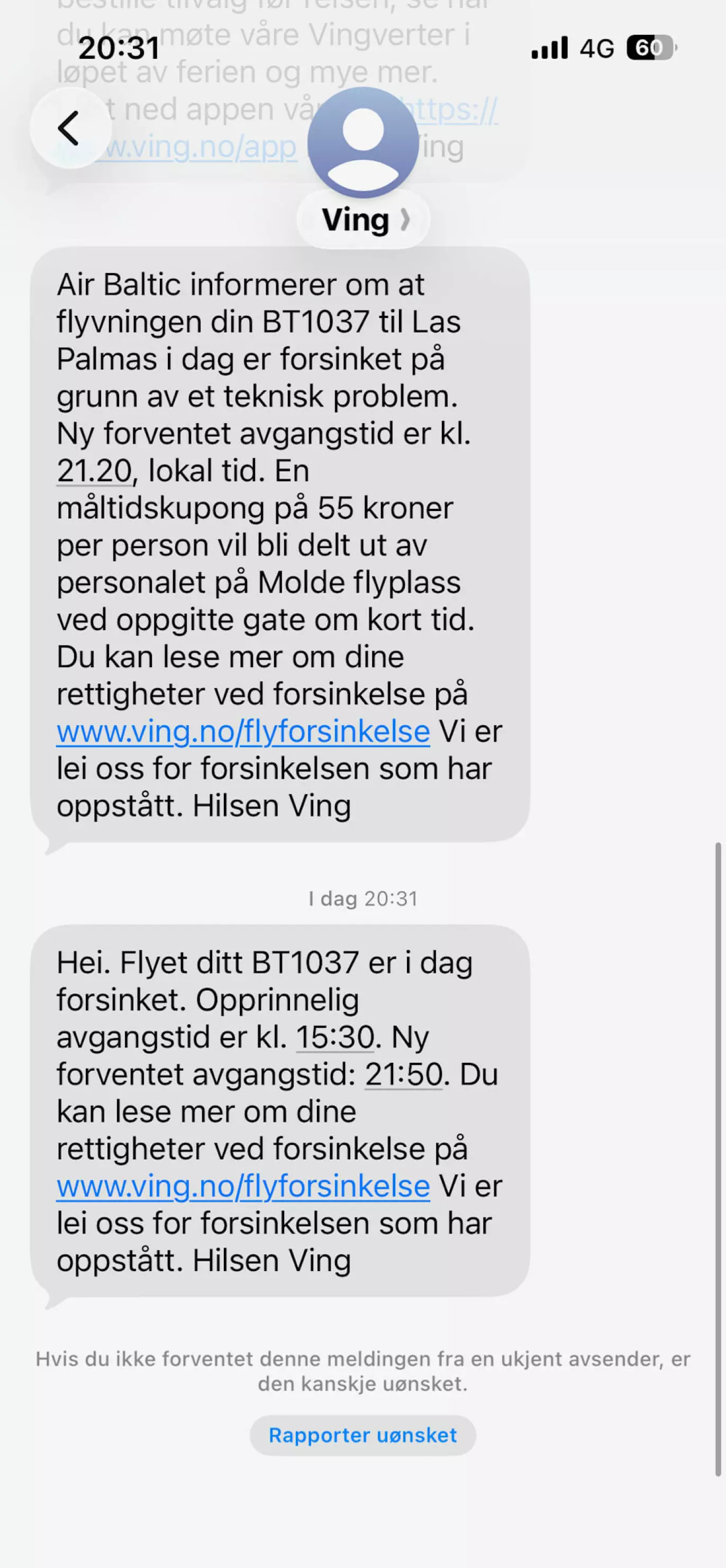 LITEN TRØST: Flypassasjerene fra Molde til Gran Canaria fikk en matlapp som nesten dekket utgiftene til en varm pølse.