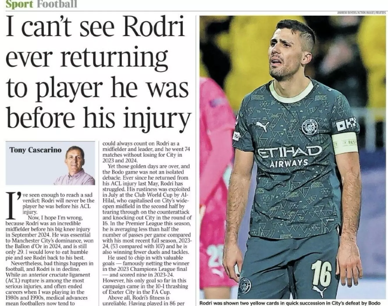 THE TIMES: Fotballekspert Tony Cascarino feller en knusende dom over Rodri.