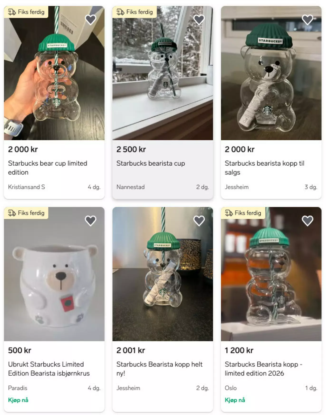 VIDERESALG: Flere Starbucks‑kopper er lagt ut på Finn kort tid etter lansering – med priser opp mot 2500 kroner. Skjermbilde: DinSide / Finn