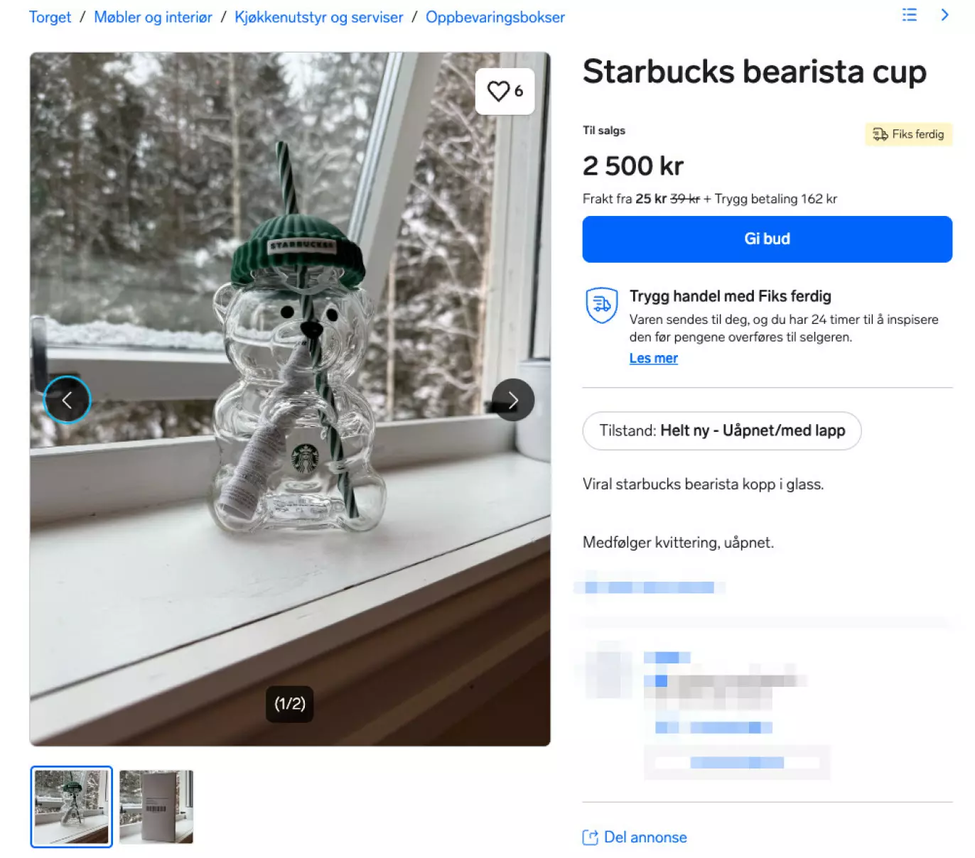 GOD GEVINST: Koppen ble kjøpt for 399 kroner - nå forsøkes den solgt for 2500 kroner på Finn. Skjermbilde: DinSide / Finn