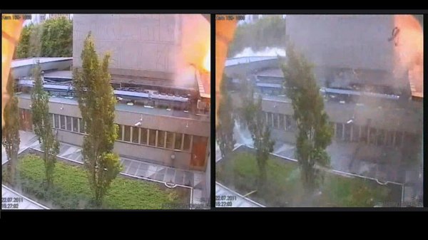 TERROR I OSLO: Bilde fra overvåkingskamera viser øyeblikket da bomben gikk av i Regjeringskvartalet i Oslo 22. juli 2011. Den 950 kilos store bomben eksploderte klokken 15.25. Åtte mennesker ble drept momentant, ti personer ble innlagt på sykehus med alvorlige eller livstruende skader. Mange flere fikk mindre alvorlige skader, samt psykiske plager og belastninger.