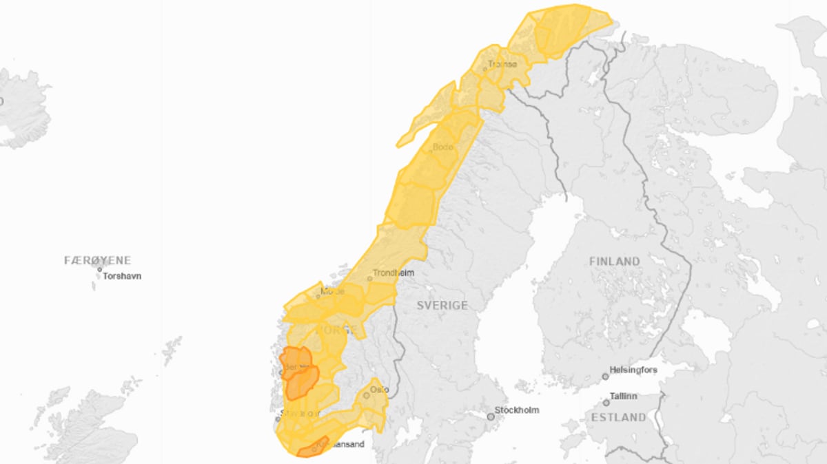 store deler av Norge er markert gult på et kart, noen områder er oransje