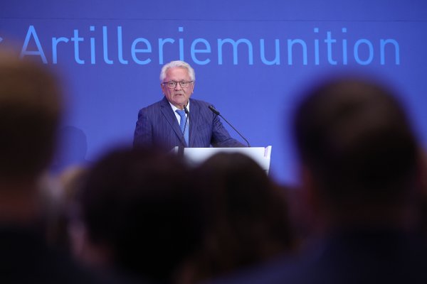 Rheinmetall CEO Armin Papperger gives a speech during the inauguration of the new munitions plant of German automotive and arms manufactuer Rheinmetall, in Unterluess, northern Germany on August 27, 2025. German weapons-maker Rheinmetall opened Europe's largest munitions plant on August 27 as Berlin rushes to rearm after decades of running down its military. Taking up 30,000 square metres -- the size of five football pitches -- the factory in Unterluess in northern Germany will be able to produce 350,000 artillery shells a year by 2027. (Photo by Ronny HARTMANN / AFP)