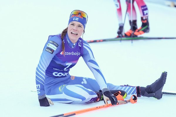 Toblach, Italia 20251231.
Finlands Jasmi Joensuu i mål etter 5 km heat fri teknikk for kvinner i Toblach.
Foto: Terje Pedersen / NTB
