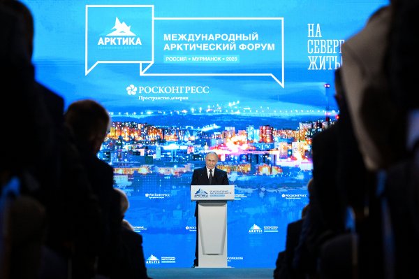 Russian President Vladimir Putin speaks at the plenary session of the International Arctic Forum in Murmansk, Russia, Thursday, March 27, 2025. (Alexei Nikolsky, Sputnik, Kremlin Pool Photo via AP)