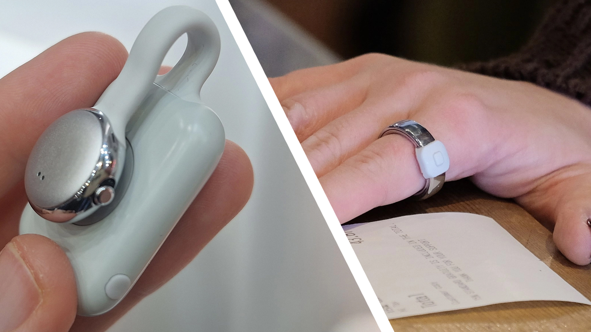 Fingre som holder SwitchBot AI Mindclip ved siden av en h&aring;nd p&aring; et bord med Pebble Index 01.