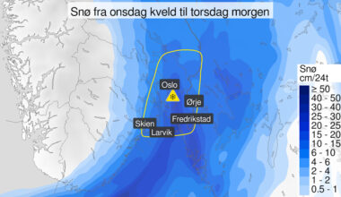 Varsler 25 cm snø på Østlandet