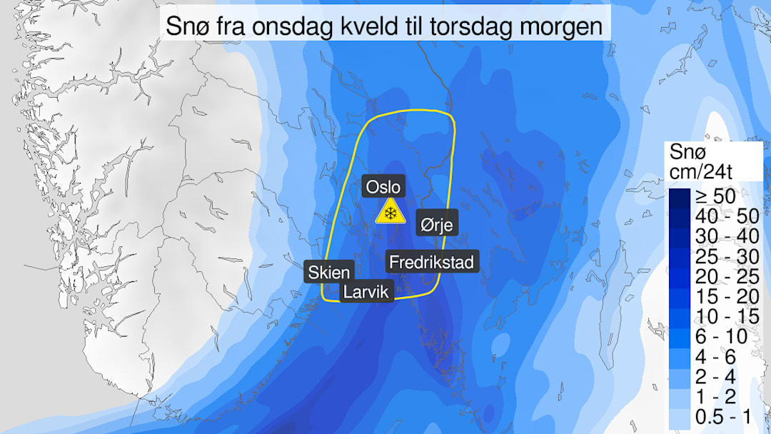 Varsler 25 cm snø på Østlandet
