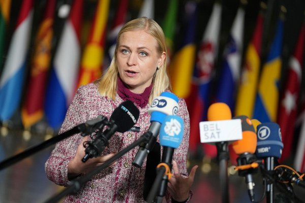 Finland's Foreign Minister Elina Valtonen speaks with the media as she arrives for a meeting of NATO foreign ministers at NATO headquarters in Brussels, Wednesday, Dec. 3, 2025. (AP Photo/Virginia Mayo)