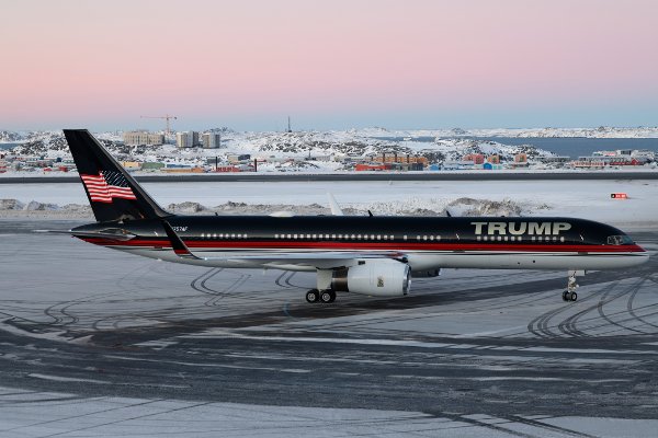 FILE - A plane carrying Donald Trump Jr. lands in Nuuk, Greenland, Tuesday, Jan. 7, 2025. (Emil Stach/Ritzau Scanpix via AP, file)
