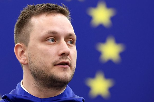 Greenland's Head of Government Jens-Frederik Nielsen looks on before addressing Members of European Parliament (MEP) during a formal sitting at the European Parliament in Strasbourg, eastern France, on October 8, 2025. (Photo by FREDERICK FLORIN / AFP)