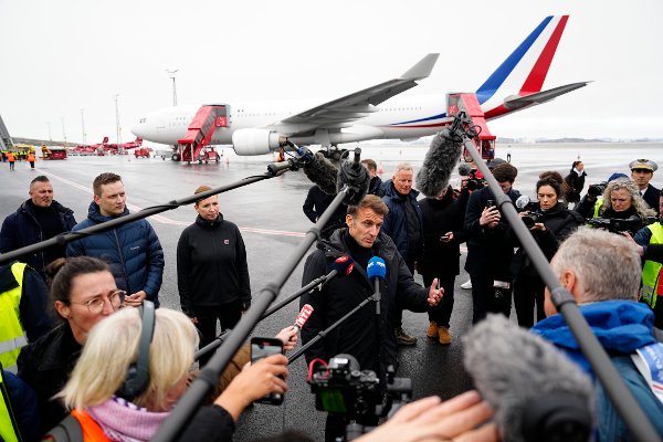 French President Emmanuel Macron arrives at Nuuk Airport in Nuuk, Greenland, on Sunday, June 15, 2025. (Mads Claus Rasmussen/Scanpix via AP)