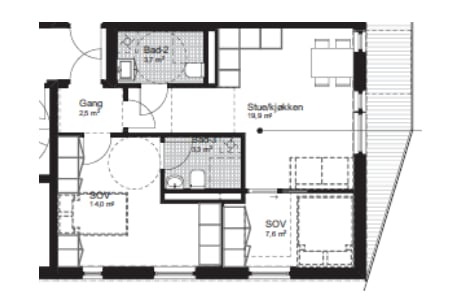 Eksempel fra plantegningene brukt i retten. De tre boksene i soverommet på 14 kvadratmeter markerer hvor kjøkkenet står i hybeldelen. 