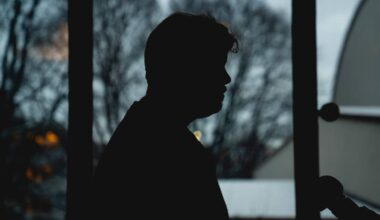 En person står i silhuett foran vinduet, omgitt av en mørk bakgrunn. Det er snø på bakken, og noen lys skinner fra bygninger ute. Scenen gir en stemningsfull atmosfære, trolig i skumringen. Personen virker å være i en refleksiv eller alvorlig tilstand.