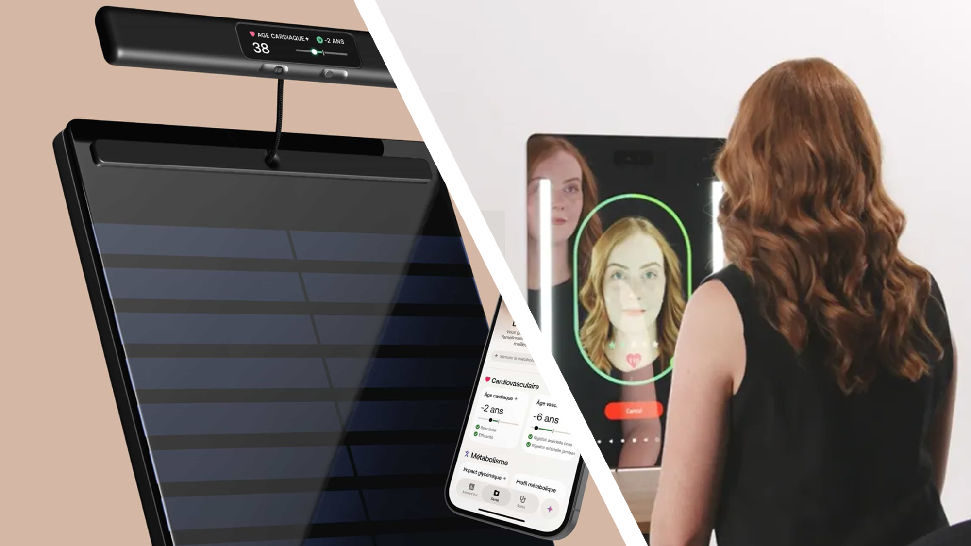 Withings Body Scan 2 ved siden av en kvinne som ser inn i et Nuralogix-speil.