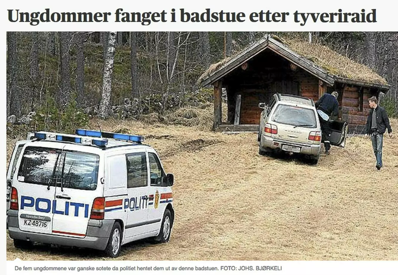 FANGET I BADSTUE: Etter å ha begått innbrudd forskanset Glenn og de andre fra Barnevernsbanden seg i denne badstuen. De ble til slutt hentet ut av politiet. Faksimile: Fædrelandsvennen