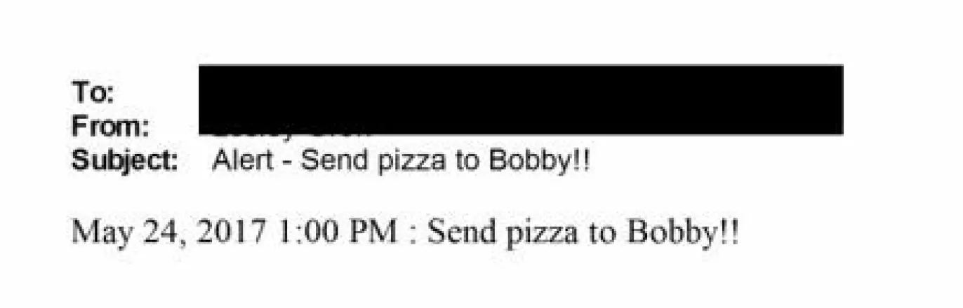E-post med emne om å sende pizza til Bobby.