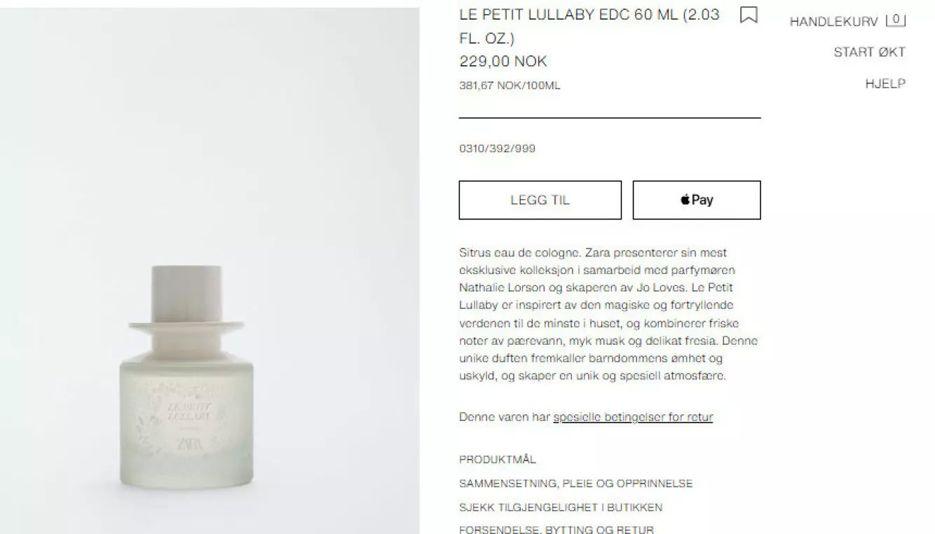 BABYPARFYME: Le petit lullaby eau de cologne fra Zara får gjennomgå i en ny Instagrampost. Skjermdump: Zara.no.