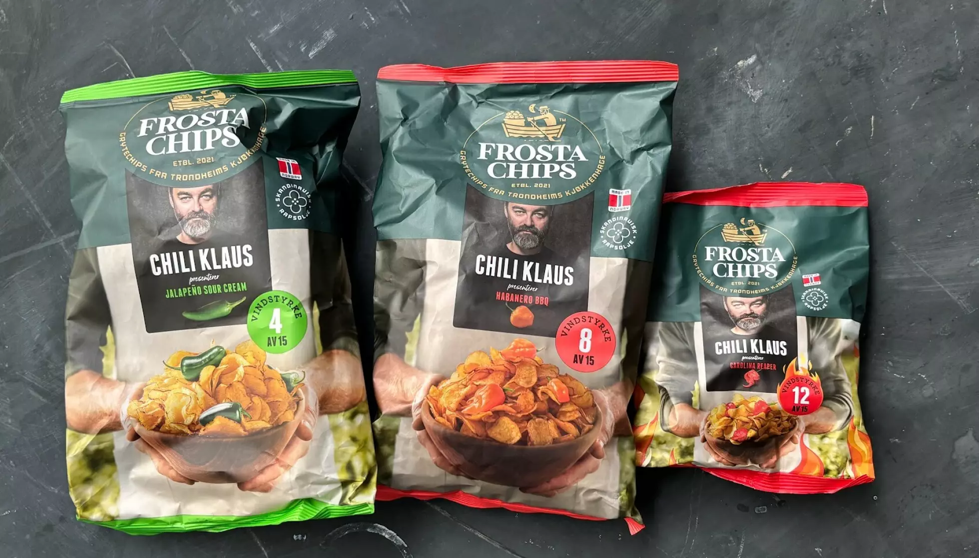CHILISKALA: De tre potetgullene er plassert på «moderat bris», «sterk vind» og «orkan» på Chili Klaus' skala.