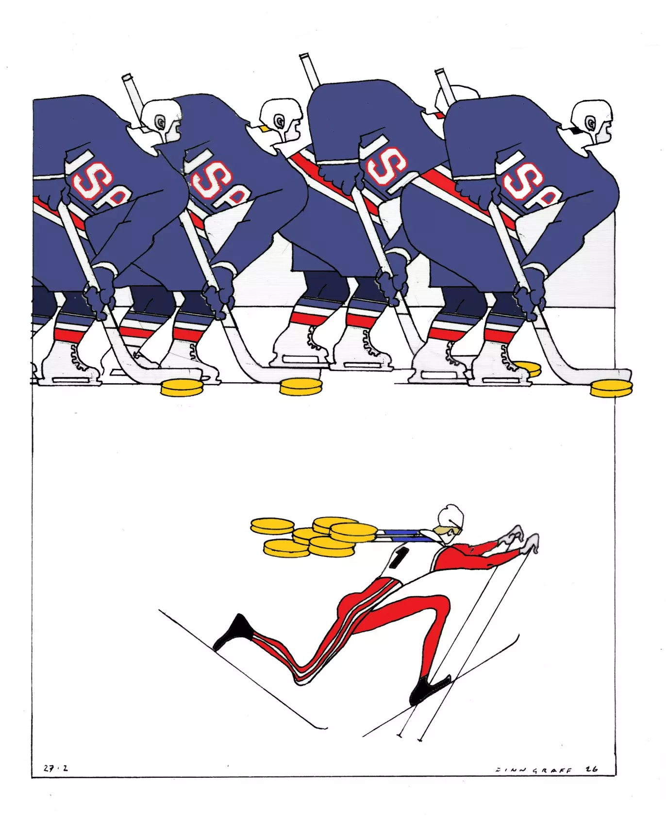 GULLKAMP: USAs ishockeyspillere tok alene 48 fysiske gullmedaljer under OL i Milano og Cortina. Tegning: Finn Graff / Dagbladet