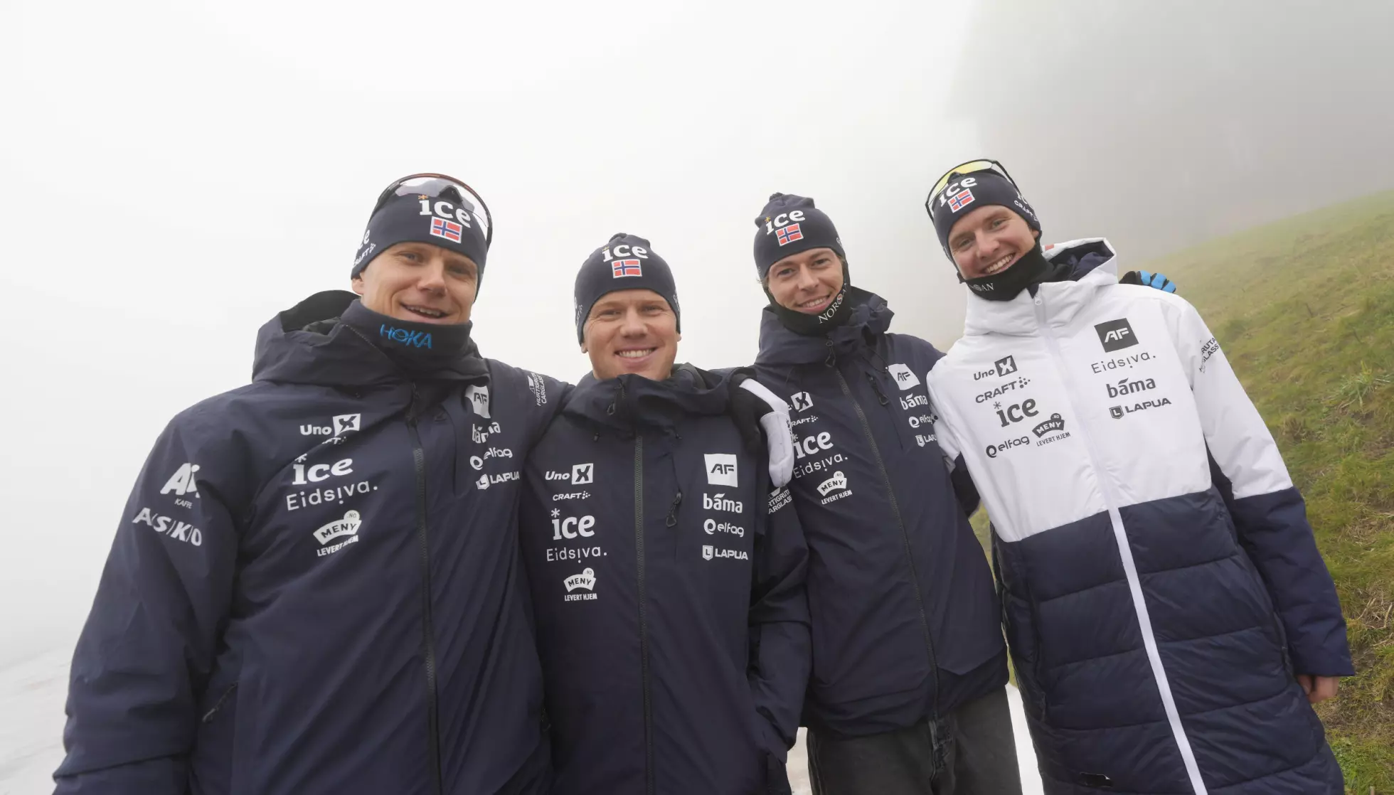 GJENGEN: Vetle Sjåstad Christiansen, Johannes Dale-Skjevdal, Sturla Holm Lægreid og Gaute Kvåle under pressetreffet i Holmenkollen. Foto: Lise Åserud / NTB