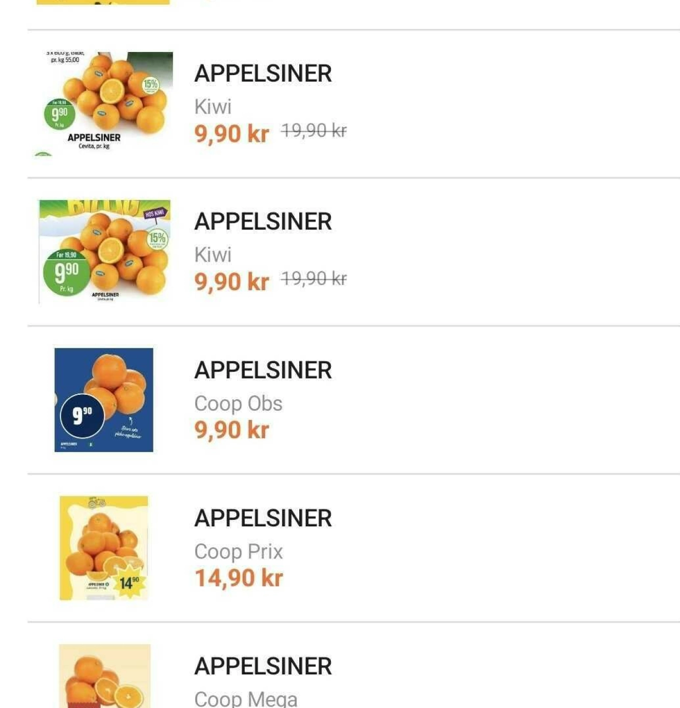 Prisen på appelsiner til påske varierer litt i de ulike butikkene, men den billigste prisen er 9,90 per kilo. Foto: Skjermdump kundeavis&tilbud.no