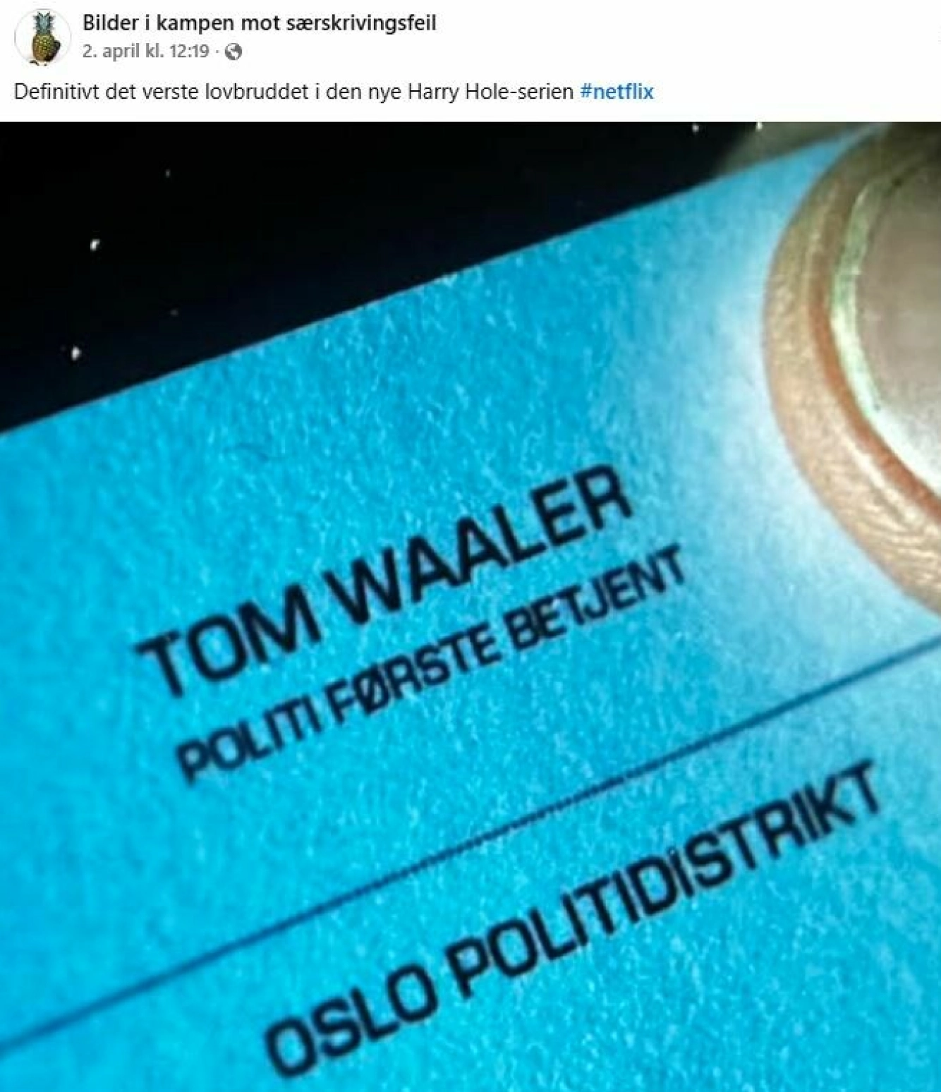 AU!: Tom Waalers visittkort i serien svir i øynene hos mange. Foto: Skjermdump / Bilder i kampen mot særskrivingsfeil