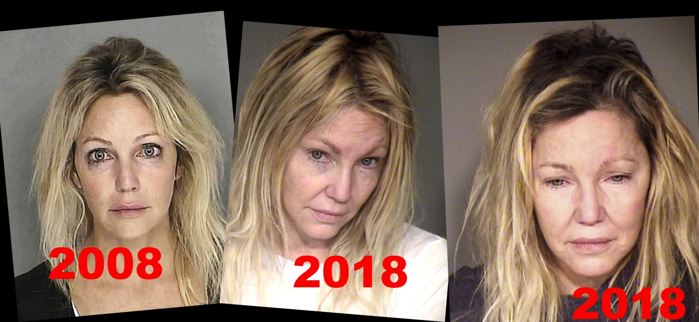 ARRESTERT IGJEN... OG IGJEN: Den første gangen Heather ble
arrestert, viste politiets «mugshot» tegn til at Heather var ruset da hun ble stoppet bak rattet. Ti år senere ble Heather arrestert i sitt hjem, anklaget for vold i nære
relasjoner – og for å gjøre motstand mot politiet. Heather rakk å bli arrestert igjen
i 2018, nå for å ha slått en politimann og sparket
ambulansearbeideren i brystet. FOTO: NTB
