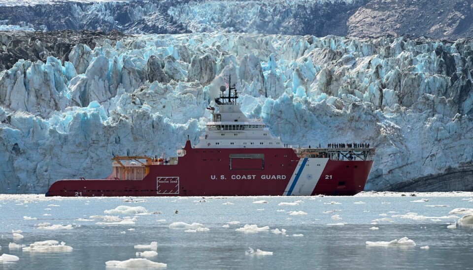 Rødt U.S. Coast Guard-skip passerer isbre omgitt av isflak