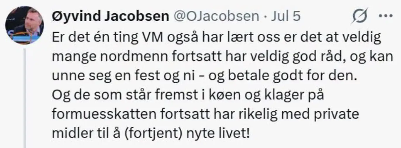 Skjermbilde av norsk tweet om nordmenns økonomi og formuesskatt.