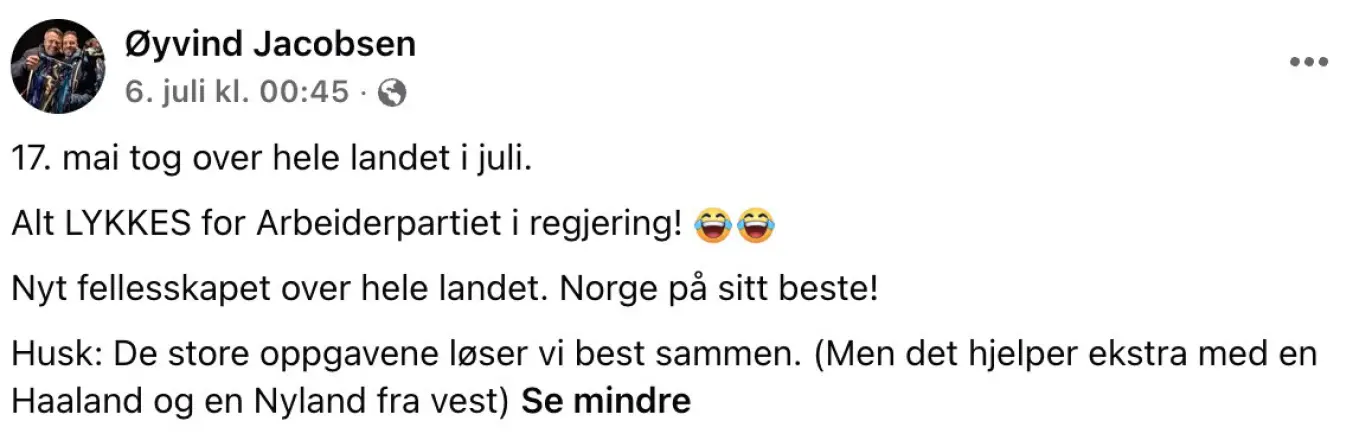 Skjermdump av norsk Facebook-innlegg med tekst om 17. mai-tog og Arbeiderpartiet.