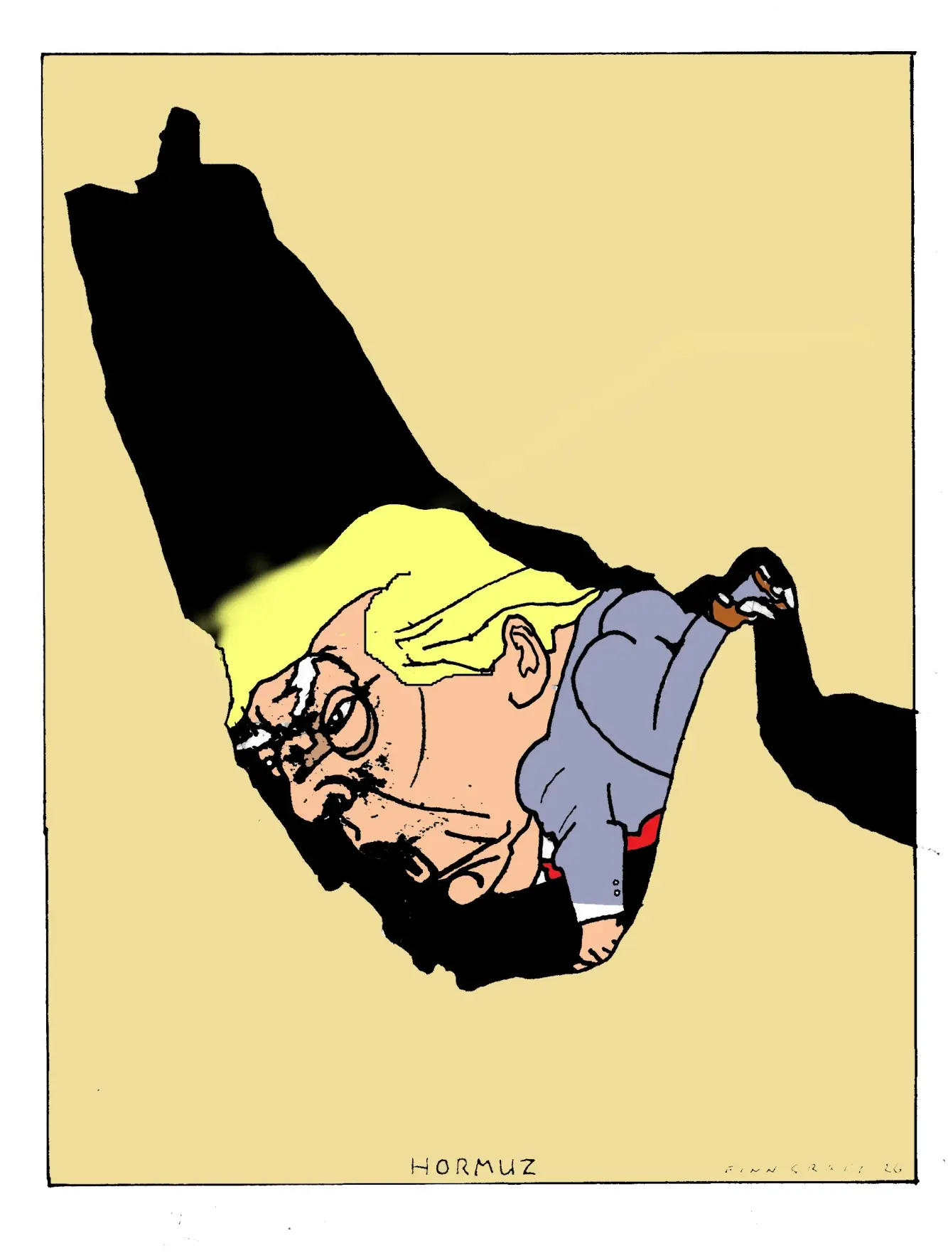Karikatur av Donald Trump som titter ut gjennom et revet hull i en lys bakgrunn.