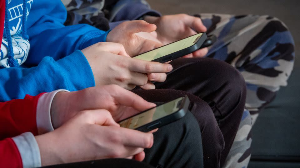 Teenage boys look at their smartphones in a village near Morzine, France. Europe has built a new app to help tech platforms verify users' ages in hopes of protecting young people online. - Matt Cardy/Getty Images