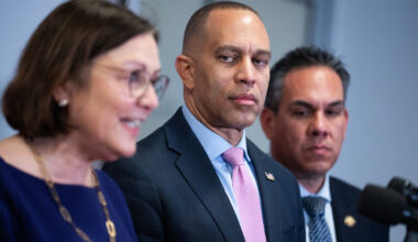 From left, DCCC Chair Suzan DelBene, House Minority Leader Hakeem Jeffries and House Democratic Caucus Chair Pete Aguilar are seen at a news conference in Washington in April. (Tom Williams/CQ Roll Call)