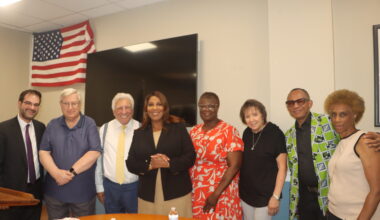 From left: Assemblymember Kalman Yeger, Alan Maisel, Hon. Frank Seddio, Attorney General Letitia James, Sen. Roxanne Persaud, Sue Ann Partnow, 55th District Leader Anthony Jones and Valerie Woodford. Photo: Mario Belluomo/Brooklyn Eagle