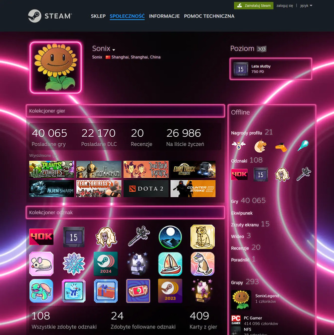 Użytkownik SonixLegend przekroczył próg 40 000 gier w kolekcji na Steam otrzymując unikalną odznakę od Valve [2]