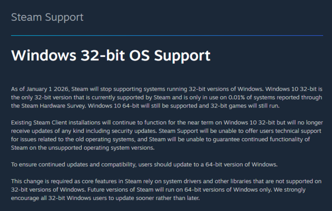 Steam wkrótce przestanie obsługiwać 32-bitowe systemy Windows. Niektórzy gracze będą musieli przejść na nowszy OS [2]