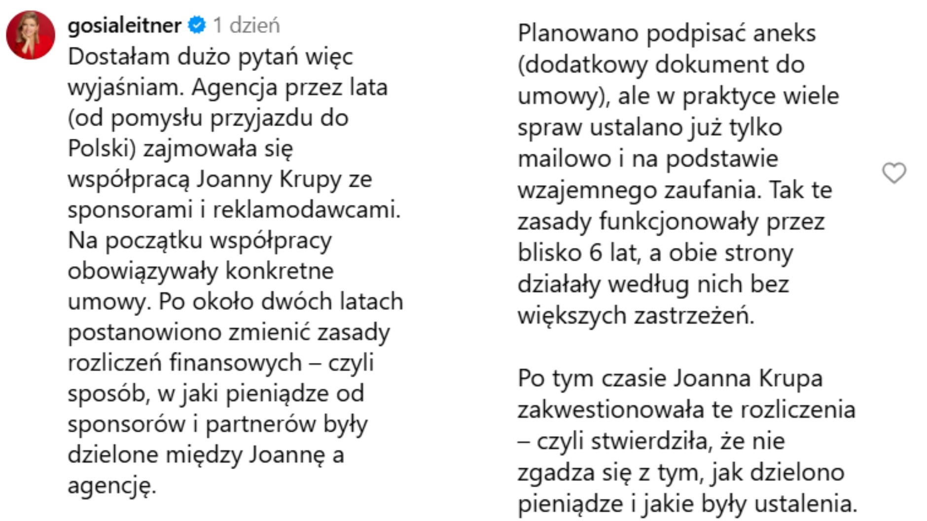Małgorzata Leitner przedstawiła swoją wersję wydarzeń (screen: instagram.com/patryk.czerniejewski)
