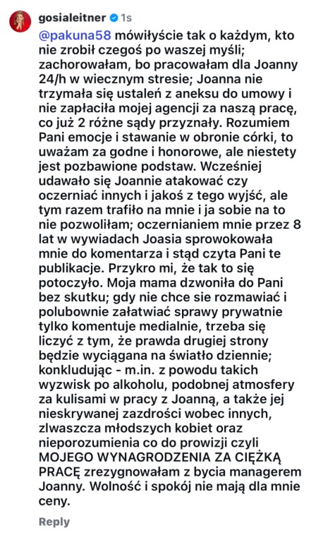 Małgorzata Leitner odpowiedziała na zarzuty Jolanty Krupy (screen: (screen: instagram.com/patryk.czerniejewski))