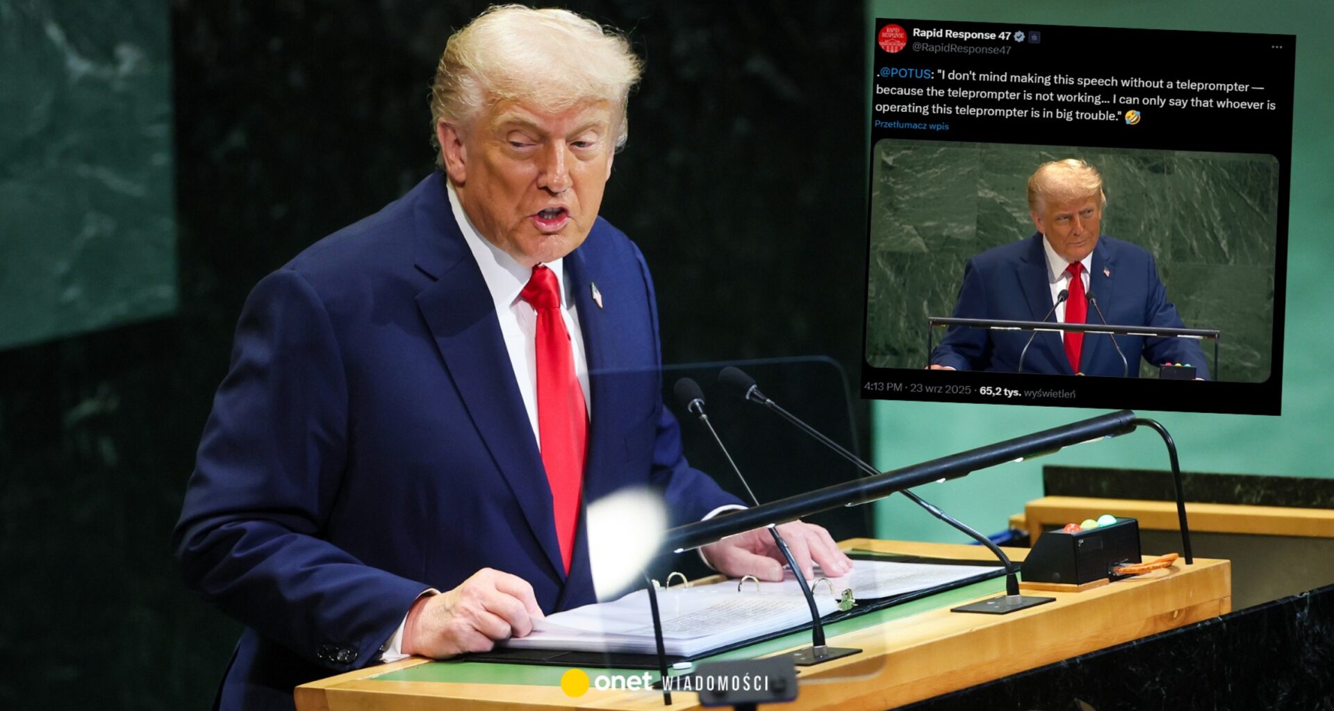 Wpadka podczas przemówienia Donalda Trumpa w ONZ. "Ma kłopoty" [WIDEO] - Onet