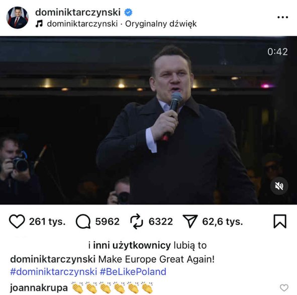 Wpis zamieszczony na profilu Dominika Tarczyńskiego
