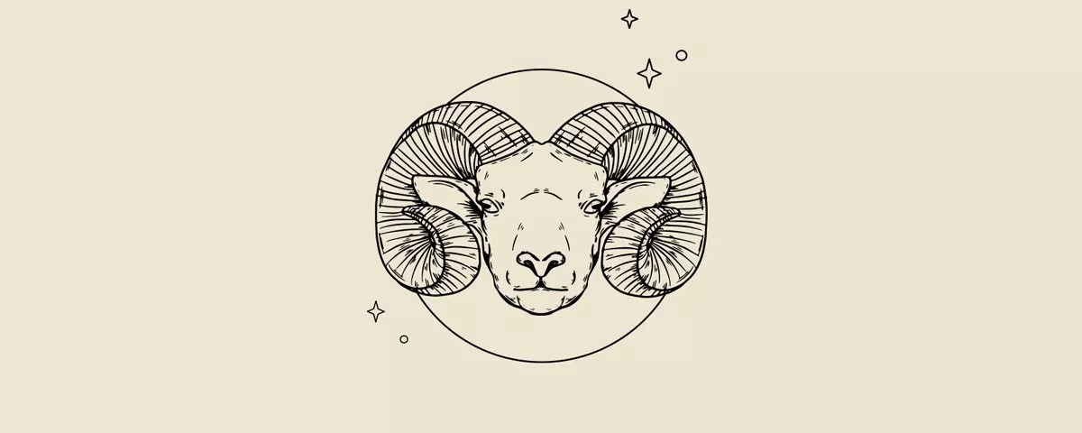 Stylizowany rysunek głowy barana z dużymi, spiralnymi rogami, otoczony okręgiem i gwiazdkami.