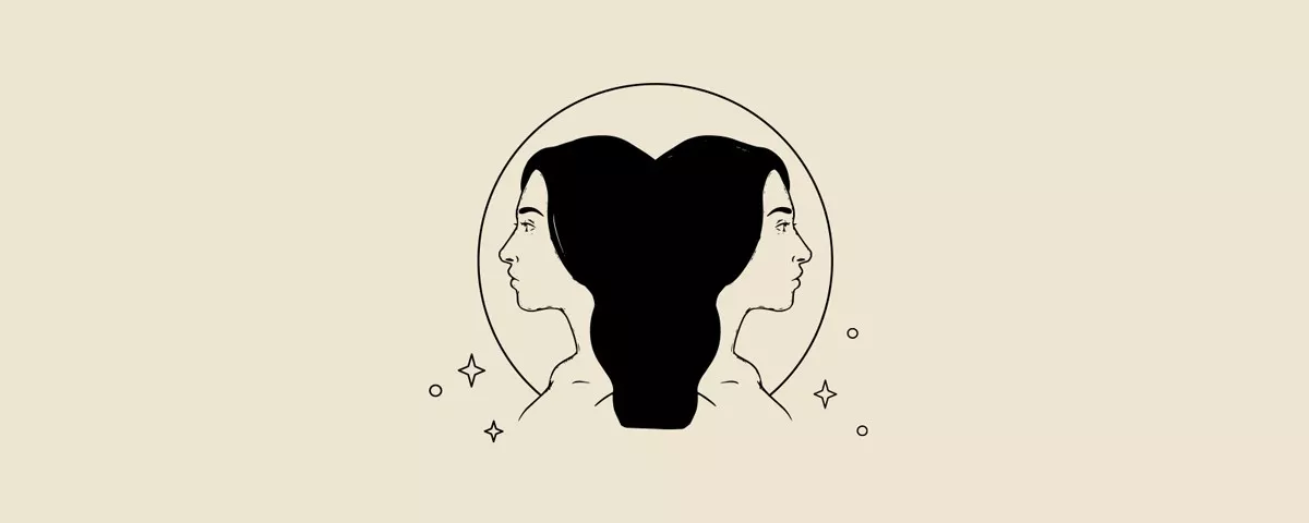 Ilustracja przedstawia dwie stylizowane sylwetki kobiet w profilu, połączone w centralnym punkcie, otoczone okręgiem i gwiazdkami.