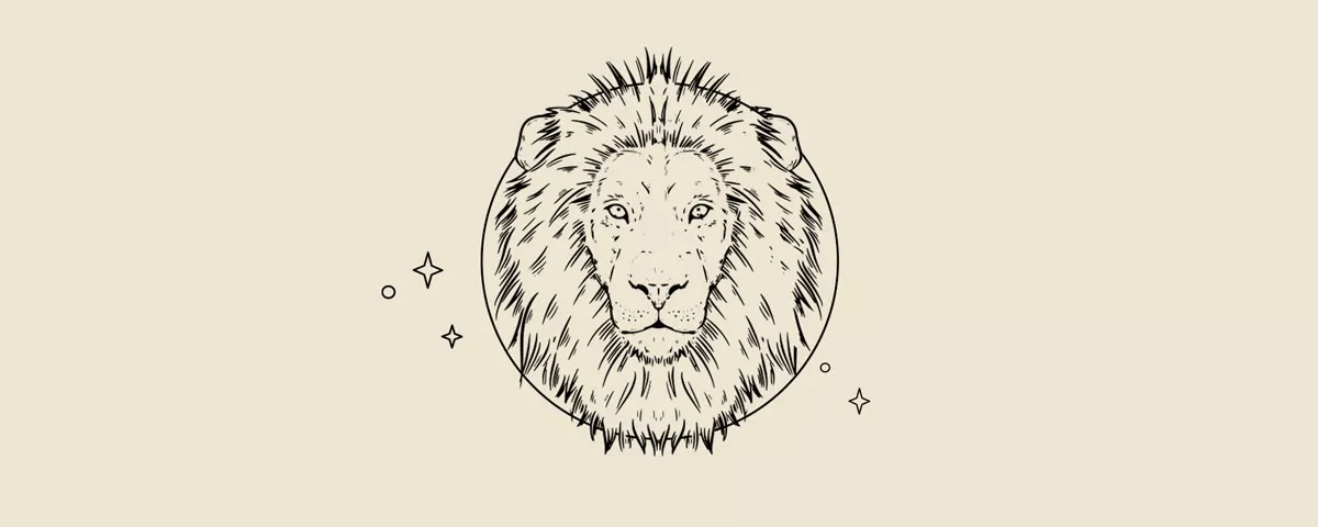 Rysunek przedstawiający lwa w konturze, otoczonego gwiazdami na jasnym tle.