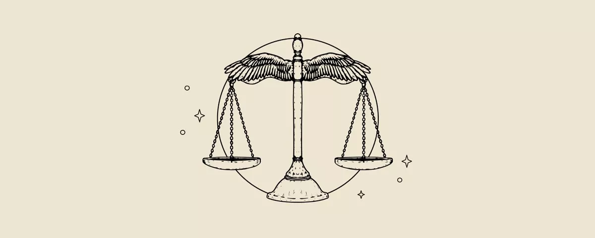 Waga z dwiema misami, symbolizująca sprawiedliwość, z skrzydlatą postacią nad nią. Grafika w stylu rysunku.