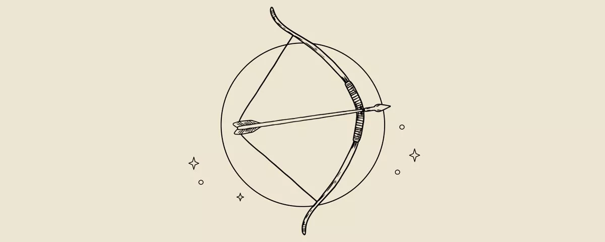 Ilustracja przedstawia łuk i strzałę wewnątrz okręgu, otoczone gwiazdkami.