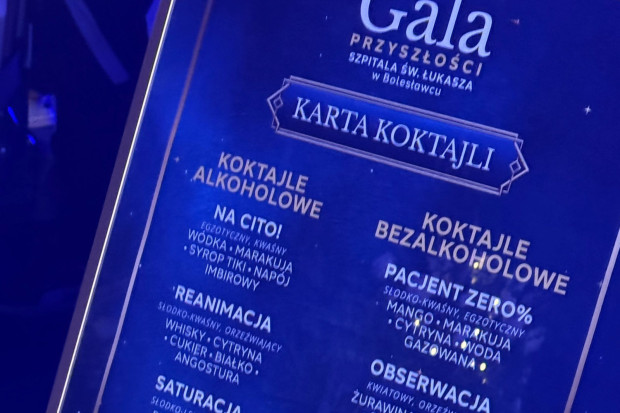 Karta z nazwami alkoholi na Gali szpitala św. Łukasza karta