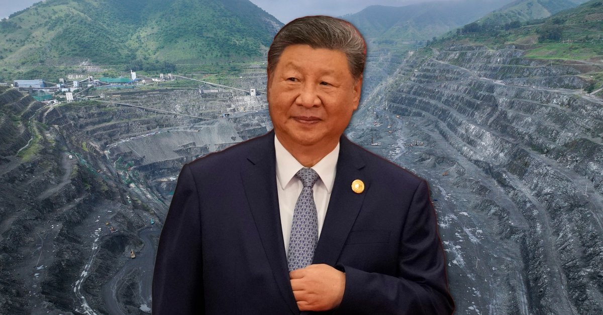 Przywódca Chin Xi Jinping, w tle: kopalnia Zhulan w Chinach